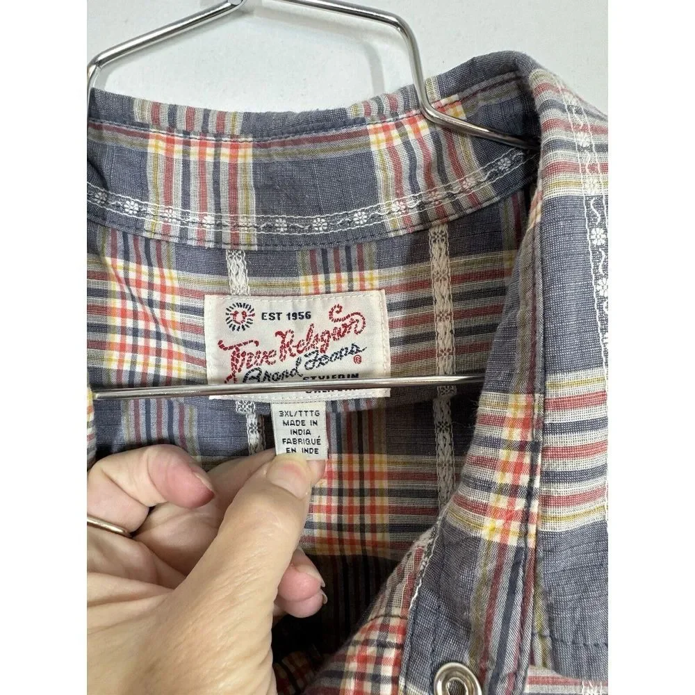 True Religion Multicolor Plaid Horseshoe Western Pearl Snap‎ Shirt Size XXXL
